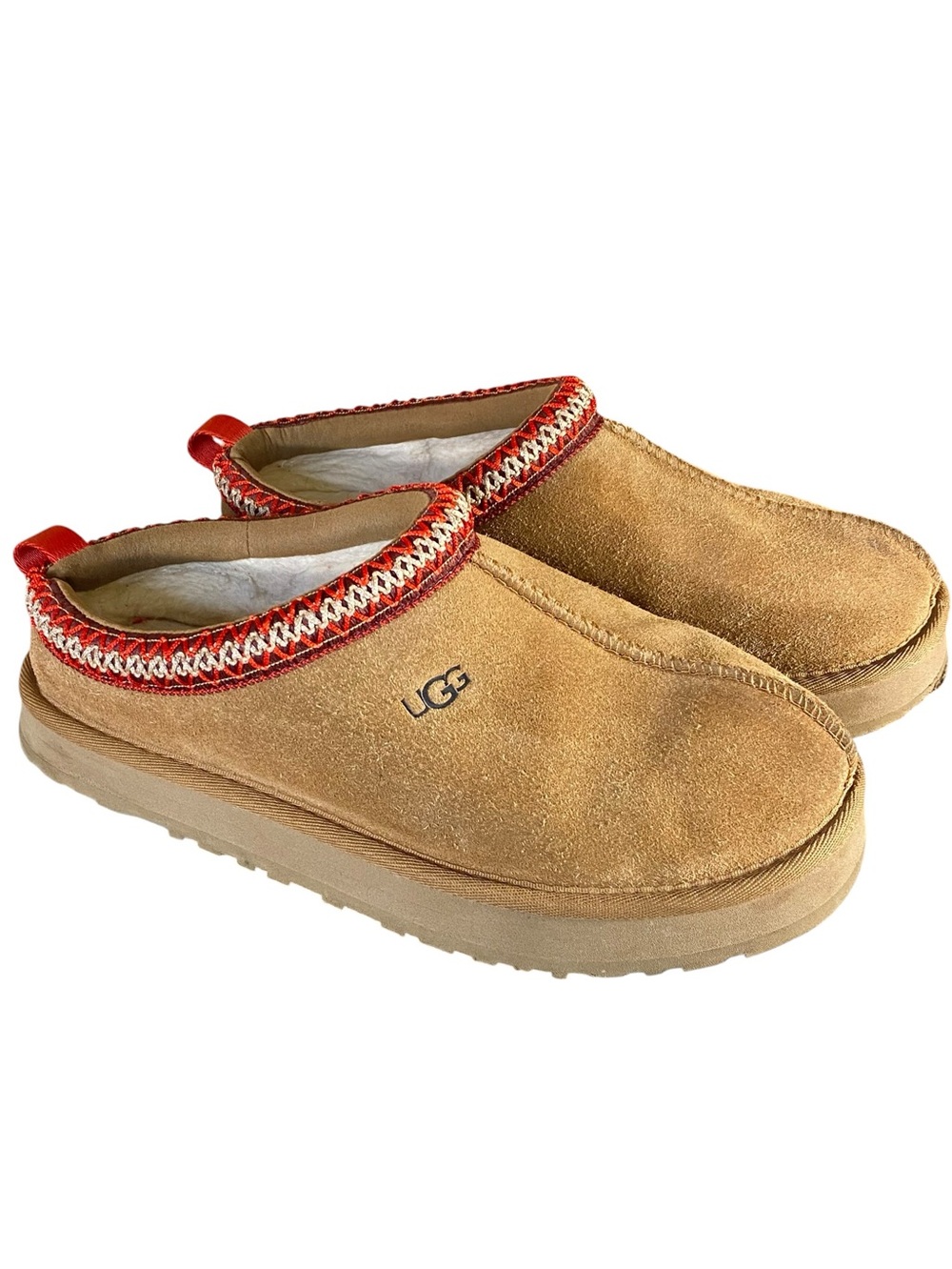 UGG Tazz ll Chestnut Suede Mule Slippers Sheepskin Lined Bradied Detail Size 6